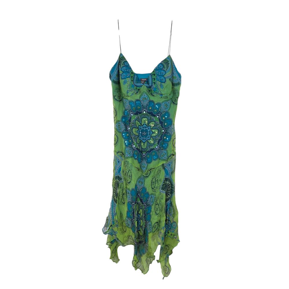VINTAGE MUSE SZ 4 Y2K FAIRY SILK BEADED RUFFLE SPAGHETTI STRAP KNEE LENGTH DRESS